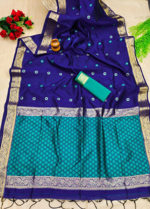 Royal blue color raw silk saree with weaving work