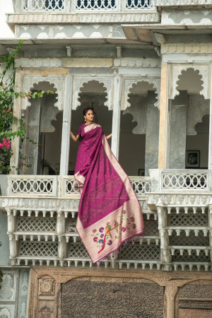 Magenta color paithani silk saree with zari woven border