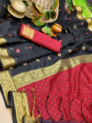 Black color raw silk saree with weaving work