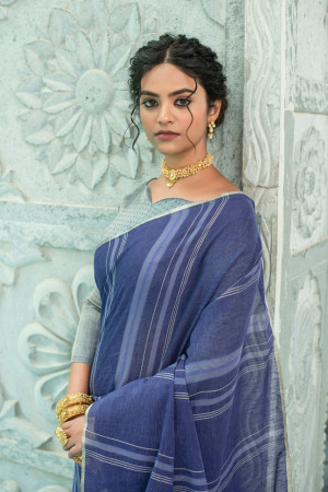 Blue color soft linen saree with weaving work