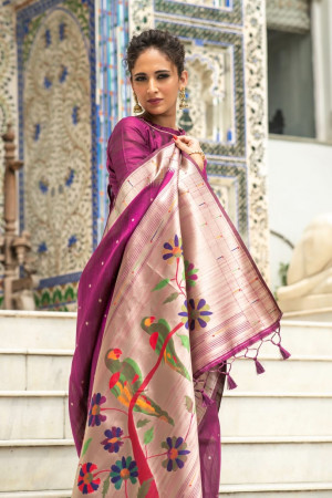 Magenta color paithani silk saree with zari woven border