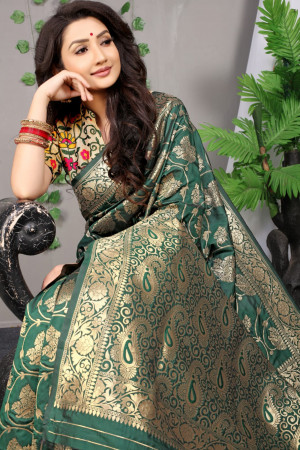 Dark green color kanchipuram silk saree with golden zari work