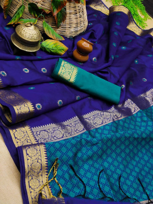Royal blue color raw silk saree with weaving work