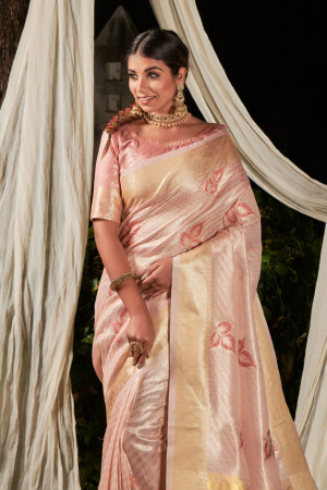 Peach color soft linen saree with zari woven work