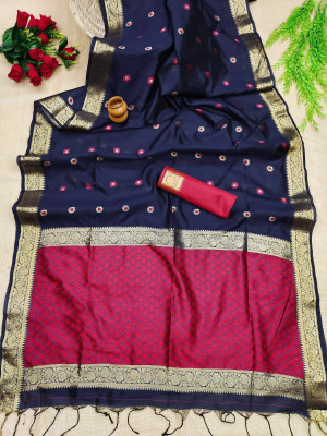 Navy blue color raw silk saree with weaving work