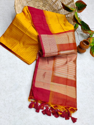 Mustard yellow color tussar silk saree with zari woven contrast border