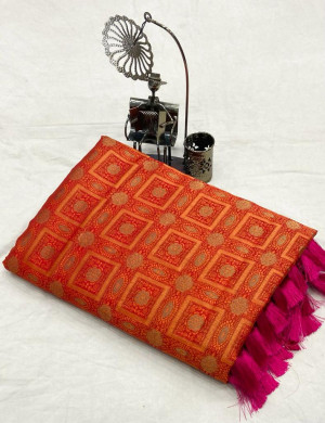 Orange color banarasi silk saree with weaving work