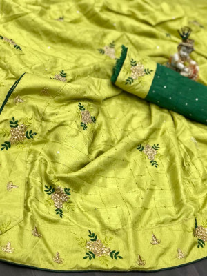 Pista green color soft dola silk saree with embroidery and stone work