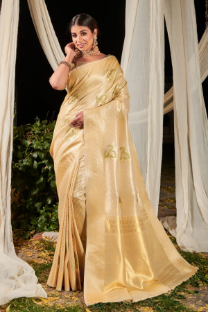 Yellow color soft linen saree with zari woven work