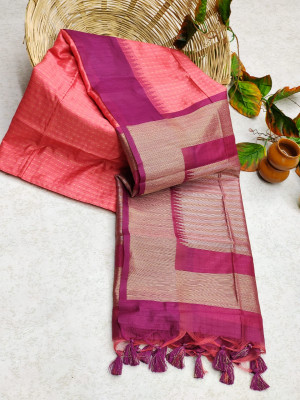 Gajari color tussar silk saree with zari woven contrast border