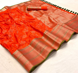 Orange color soft banarasi silk saree with zari weaving work