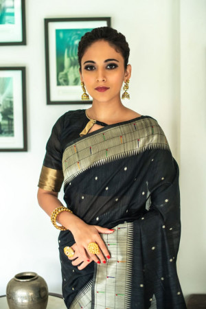Black color paithani silk saree with zari woven border