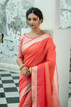 Gajari color soft linen saree with weaving work