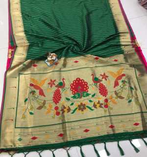 Green color soft paithani silk saree with golden zari work