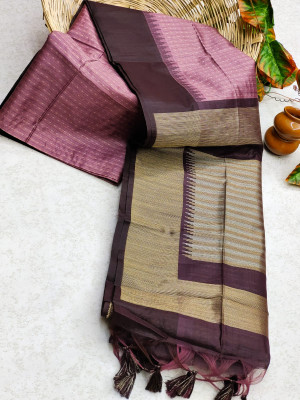 Magenta color tussar silk saree with zari woven contrast border