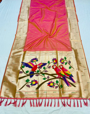 Peach color soft paithani silk saree with gold zari weaving work