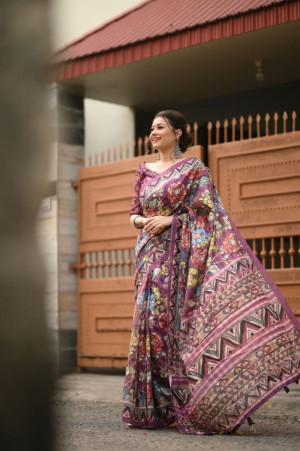 Multi color soft cotton saree with kalamkari print