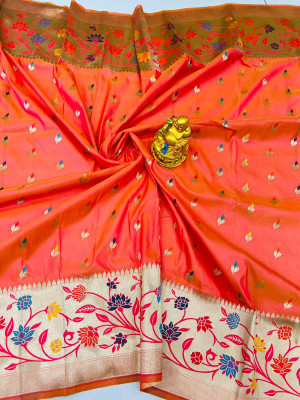 Peach color soft kanchipuram silk saree with zari work