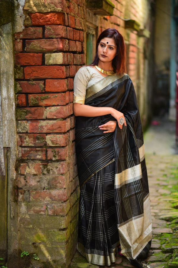 Handloom Silver & black Chanderi pure silk saree