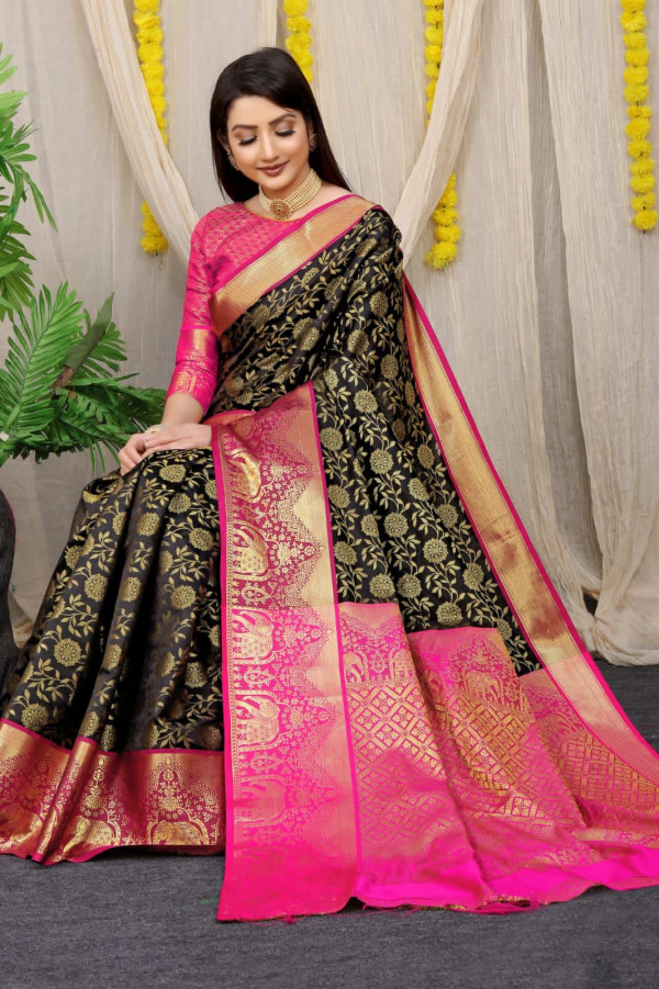 Peach & Black Tussar Silk Saree | Sakhi Fashions – sakhifashions