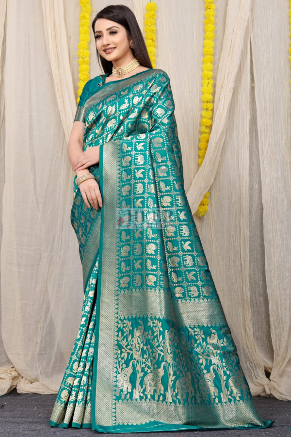 Rama Green Color Soft Kanchipuram Silk Saree With Golden Zari Work 0984