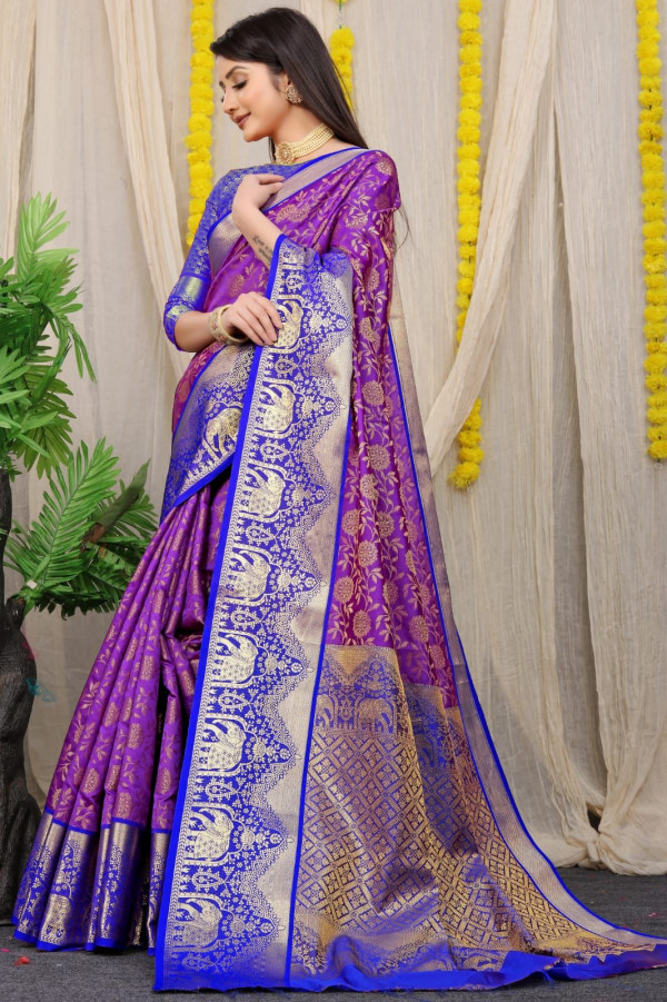 Buy Satrani Yellow & Purple Woven Saree With Unstitched Blouse for Women  Online @ Tata CLiQ