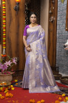 lavender color kanjivaram silk saree with zari weaving work