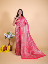 Pink and red color tissue silk saree with zari weaving work
