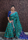 Rama green color soft cotton saree with ikkat printed work