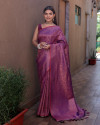 Purple color kanchipuram silk saree with zari woven work