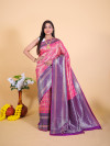 Pink and blue color tissue silk saree with zari weaving work