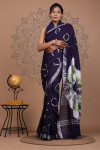 Navy blue color soft linen cotton saree with printed work