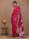 Maroon color soft linen cotton saree with printed work