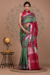 Green color soft linen cotton saree with printed work