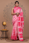 Baby pink color soft linen cotton saree with printed work