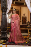 Pink color soft linen silk saree with zari weaving work