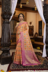 Orange color soft linen silk saree with zari weaving work