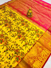 Yellow color kanchipuram silk saree with kalamkari design