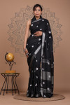Black color soft linen cotton saree with printed work