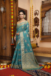 Rama green color soft organza silk saree with zari weaving work