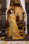 Yellow color soft linen silk saree with zari weaving work