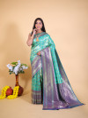 Sea green and purple color tissue silk saree with zari weaving work