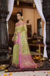 Parrot green color soft linen silk saree with zari weaving work