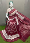 Maroon color soft linen cotton saree with ikkat printed work