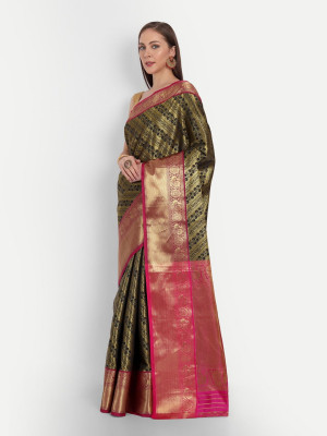 Black color kanchipuram silk saree with zari woven work