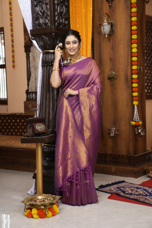 Magenta color kanjivaram silk saree with zari weaving work