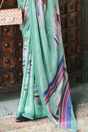 Sea green color soft georgette saree with digital printed work