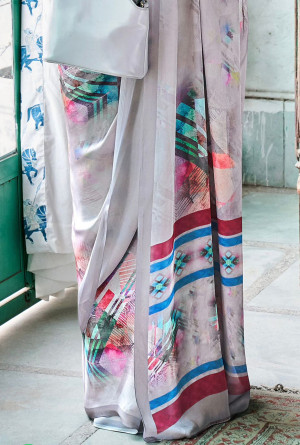 Gray color soft muslin crepe silk saree with digital printed work
