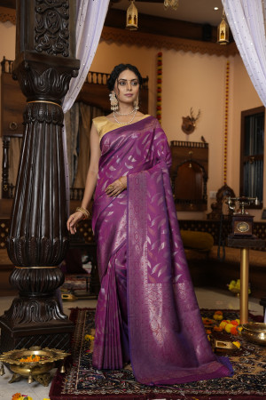 Magenta color kanjivaram silk saree with zari weaving work