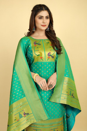 Sea green color paithani silk unstitched dress